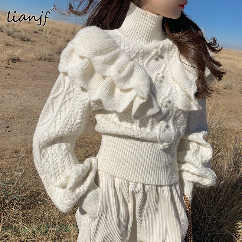 

Ruffled Floral White Knitted Sweater Women Fashion Vintage Turtleneck Lantern Sleeve Female Elegant Pullovers Chic Retro Knitwea