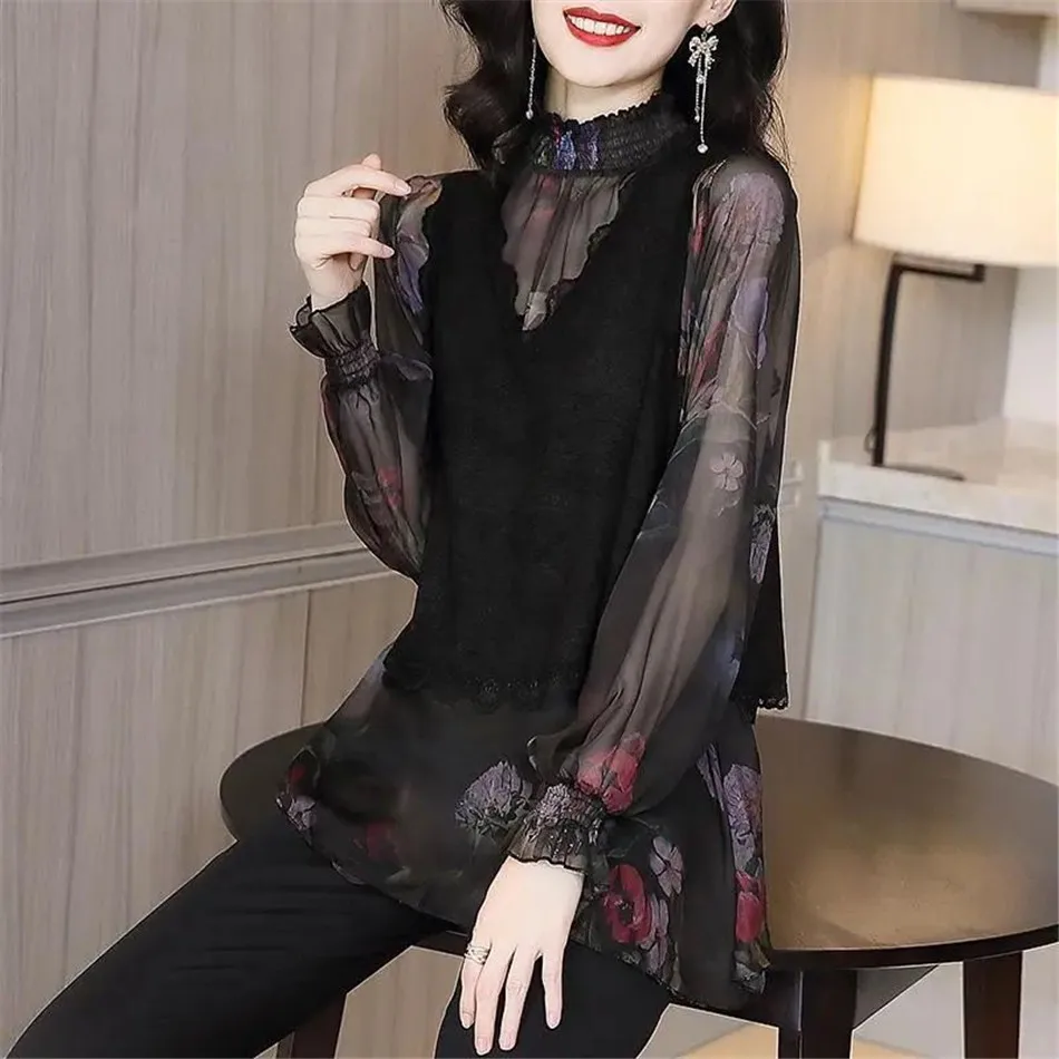 

Женская шифоновая блузка с длинным рукавом, с принтом