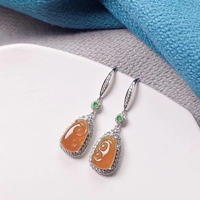 

Original new silver inlaid natural ice yellow chalcedony earrings elegant charm creative retro female jewelry