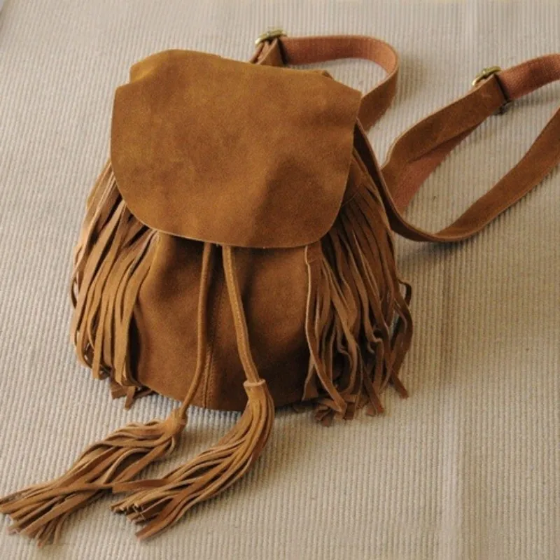 

New Women Small Genuine Leather Suede Feminine Backpack Bohemian Boho Chic Mini Bucket Tassel Brown Rucksack Bags Ladies