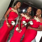 Платье подружки невесты с золотистой аппликацией, длинное вечернее платье с открытыми плечами в африканском стиле, красное платье для подружки невесты