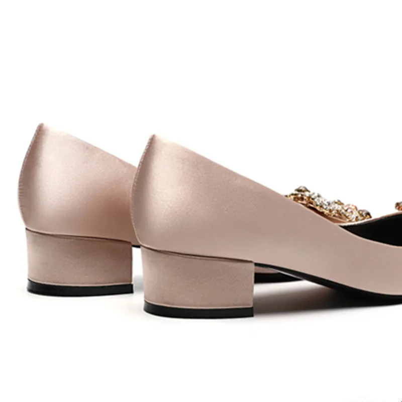 

Satin Rhinestone Mid Heels Shoes Woman Basic 2021 Satin Diamond Buckle Pointed Square Heel Work Shoes Fashion Women Shoes Pumps
