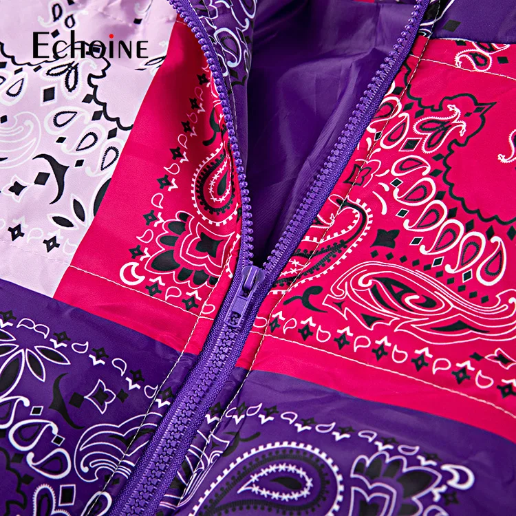 

Echoine Women Winter flowers Print Bubble Jacket coat Fashion Clothes Color Match Warm Parkas Zipper Short Puffer Outerwear