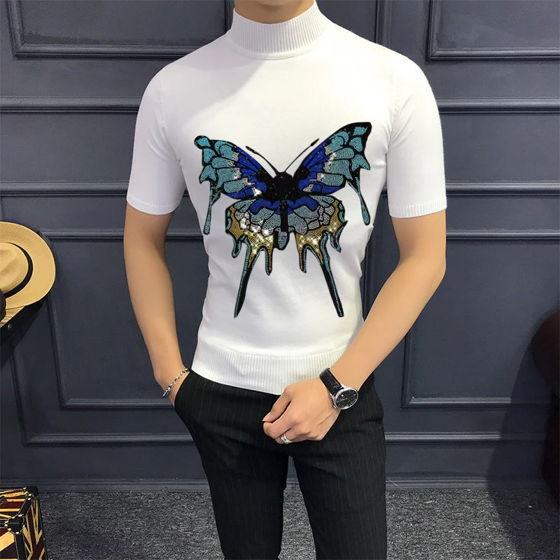 

Men Sweater Short-Sleeved Comfortable Knitted Sitting Crop T-Shirt Casual High Stretch Wool Spring Solid Color Hot Diamond Tops