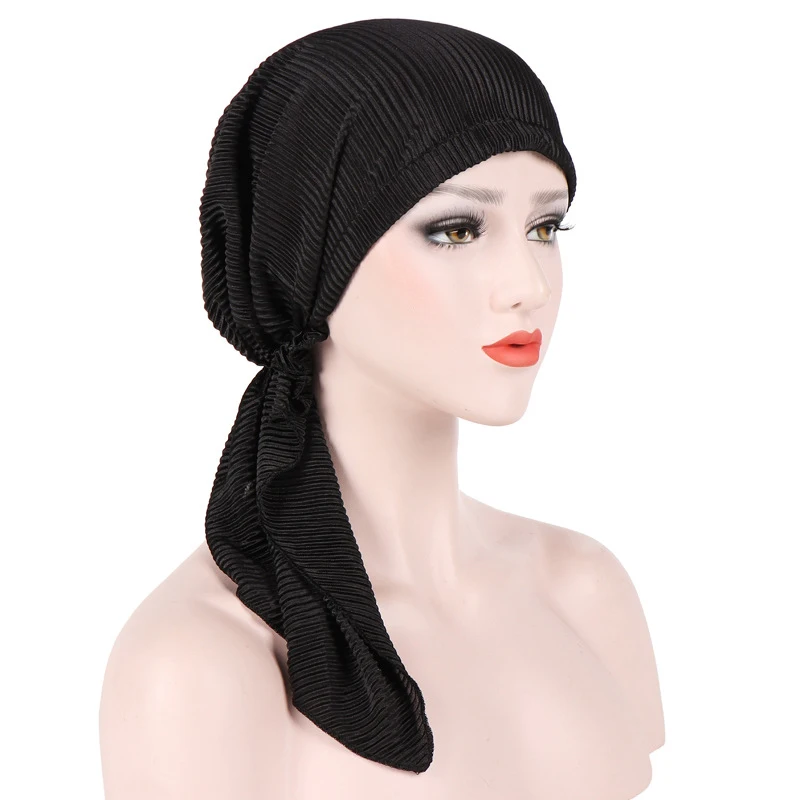 

Fashion Muslim Bonnet Turban Hat Female Long Tail Ruffle Headscarf Resuable Headwear Bandana Solid Color Head Cover Chemo Cap