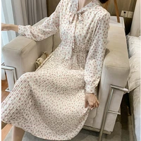 long midi dress elegant white floral bow tie pleated dress chic long sleeve a line slim casual dress autumn winter 2022 spring