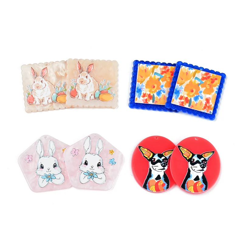 

6PCS/lot Acetate Cute Rabbit and Dog Oil Painting Abstract Floewrs Hand Made Earrings Connectors DIY Pendant Components Charms