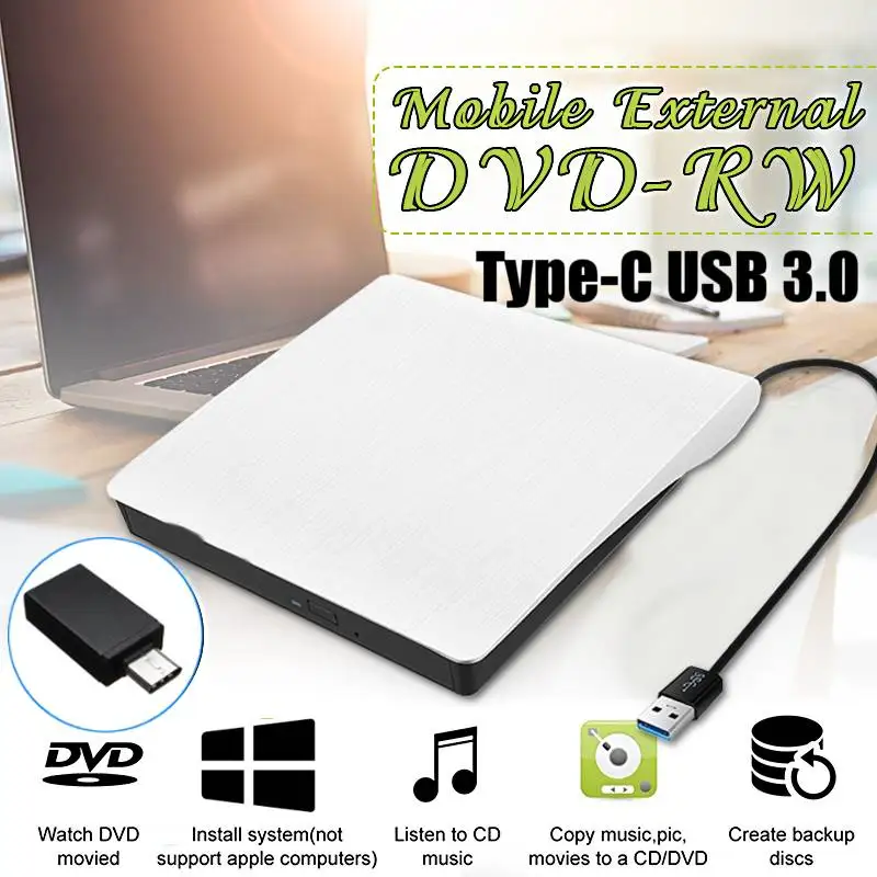 

External DVD RW CD Writer Drive Type-C USB 3.0 Optical Drives Slim Combo Drive Burner Reader Player Laptop CD/DVD Optical Bay