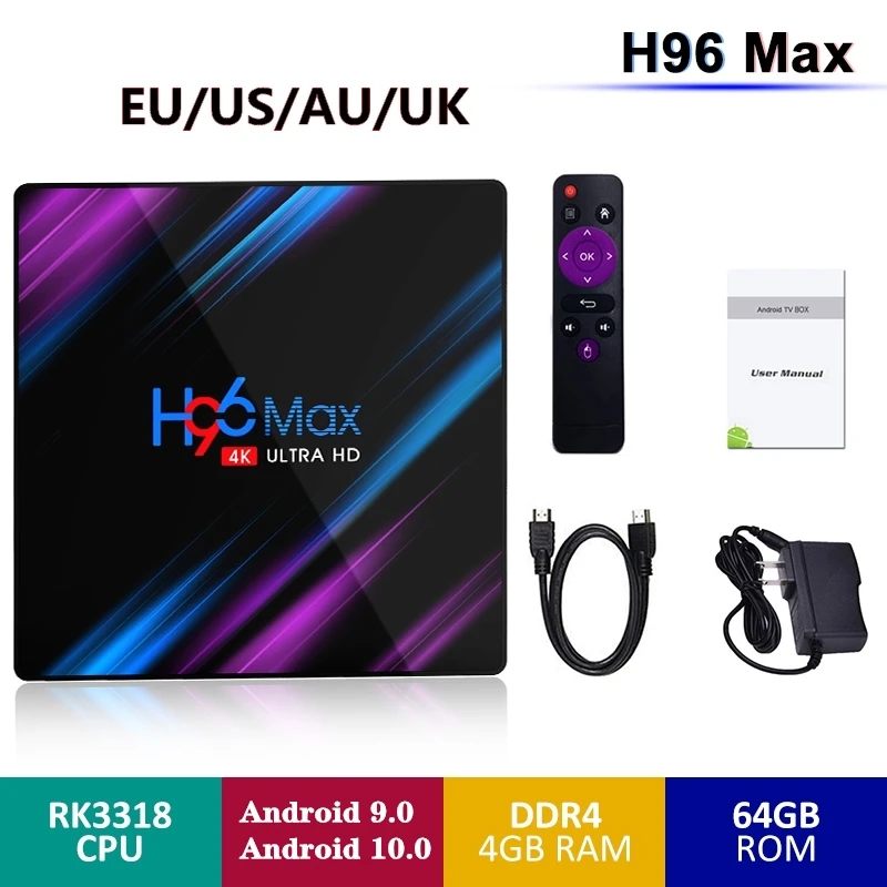 ТВ приставка H96 MAX RK3318 Android 10 0 4 Гб ОЗУ 64 ПЗУ Wi Fi bluetooth 9 4K VP9 H.265 для Youtube Google