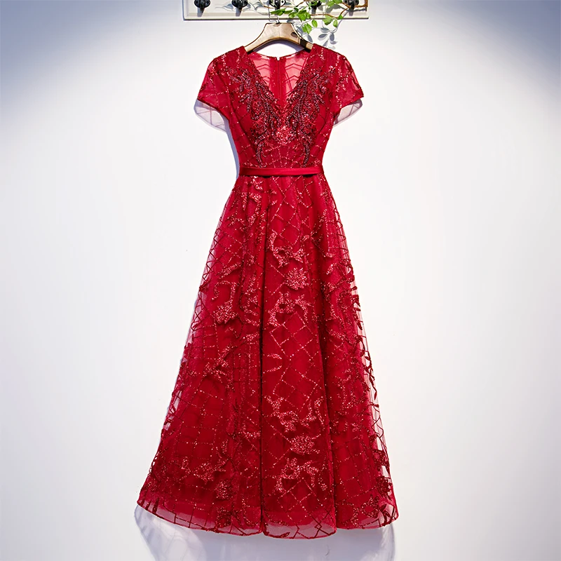 

Sequins Evening Dress Zipper Back Deep V-Neck Appliques Short Sleeves Burgundy A-Line Floor-Length Party Formal Gown Woman B388