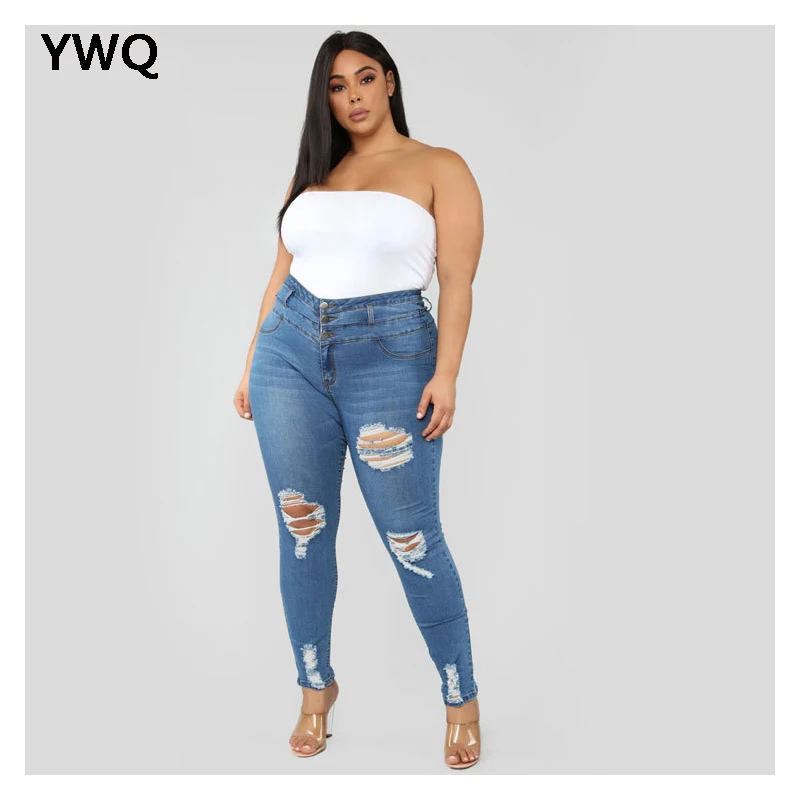 Джинсы женские размера плюс с высокой талией Узкие рваные брюки-карго Модные