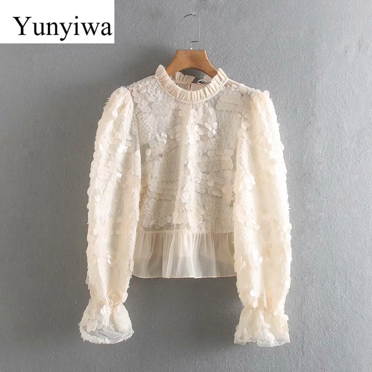 Женская Новинка длинный рукав ламинированная декоративная бусина топ женская