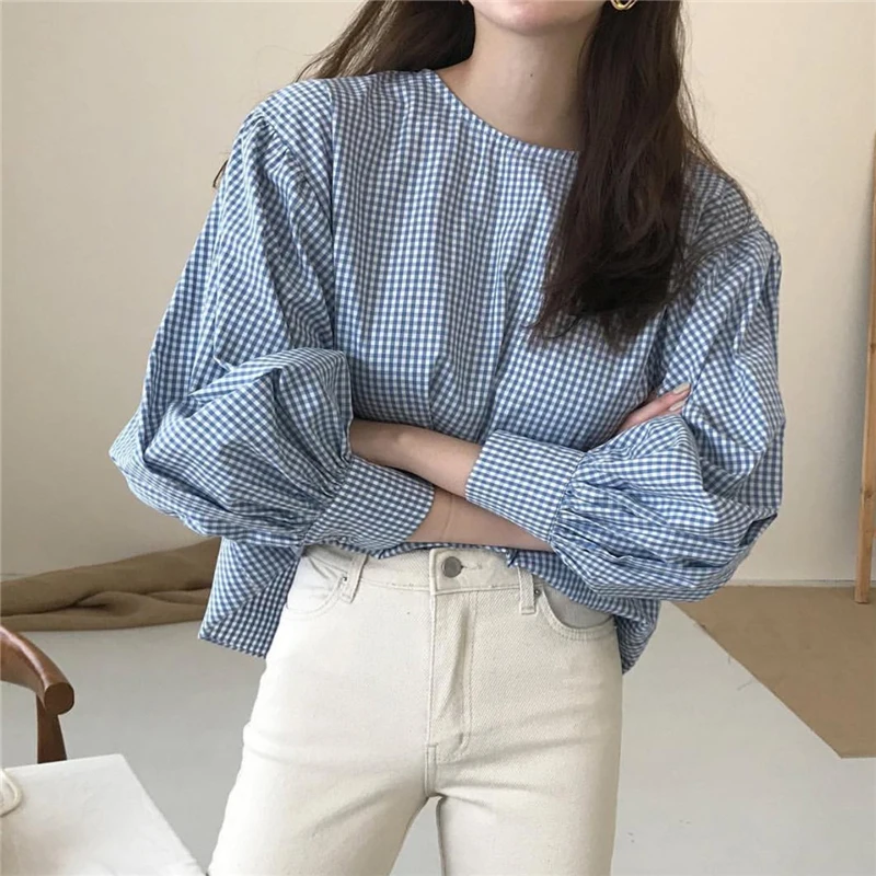 

New Autumn Plaid Blouses Women O-Neck Lantern Sleeve Loose Women's Shirt Korean Chic Casual Sweet Tops Female Blusas
