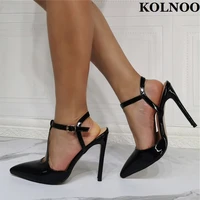 kolnoo new simple style handmade ladies high heel sandals patent leather buckle t strap sexy summer shoes fashion black sandals