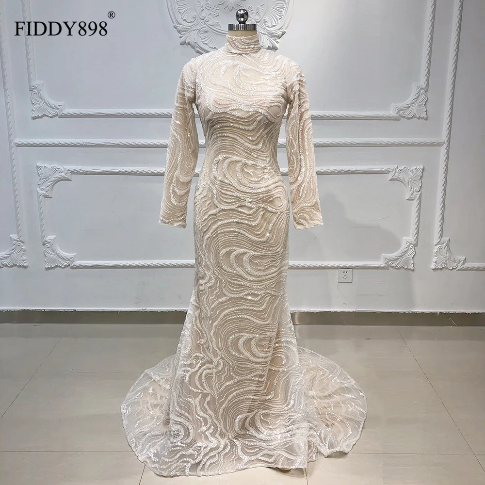 Вечернее платье русалки с длинным рукавом мусульманский высокой шеей вечернее