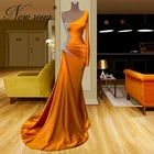 Женское атласное платье-русалка, длинное оранжевое вечернее платье с бисером, для выпускного вечера, 2021