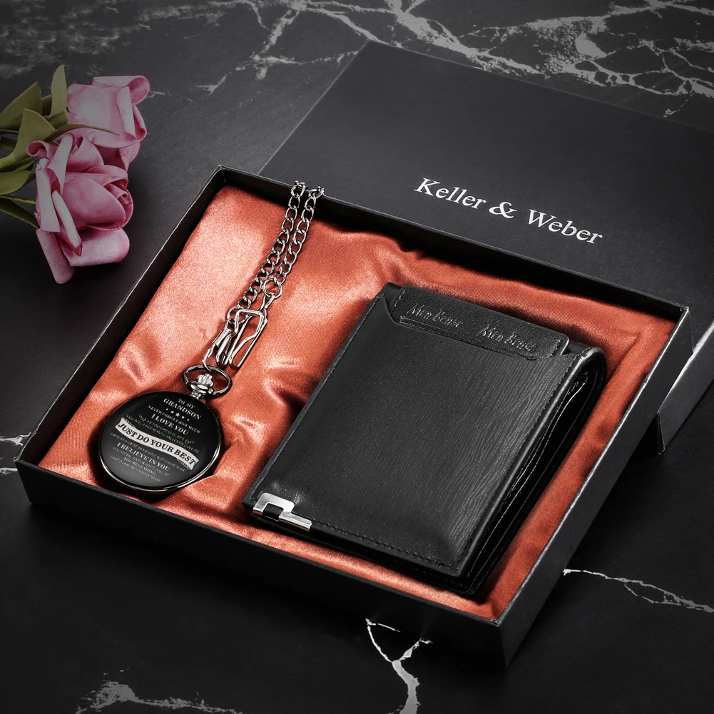 Pocket Watch Gift Set To My Grandson Men Quartz Numerals Dial Thick Chain Pendant Men's Black Leather Wallet Present for Boys