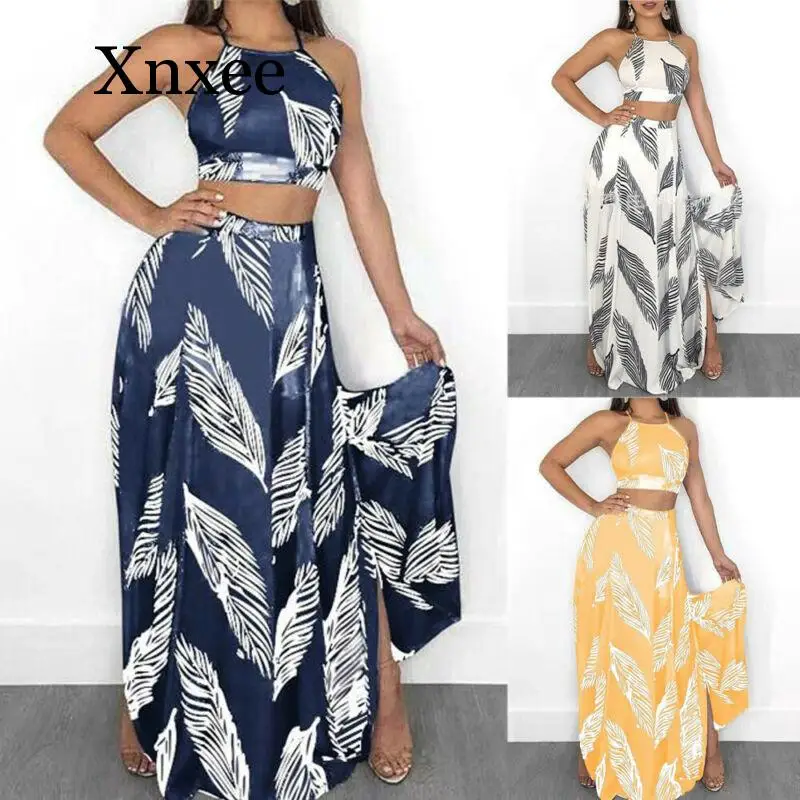 

Bohemian Women Two Piece Set Floral Strapless Tops Long Skirt Female Two Piece Set Womens Holiday Party Clothes Beach Outfit