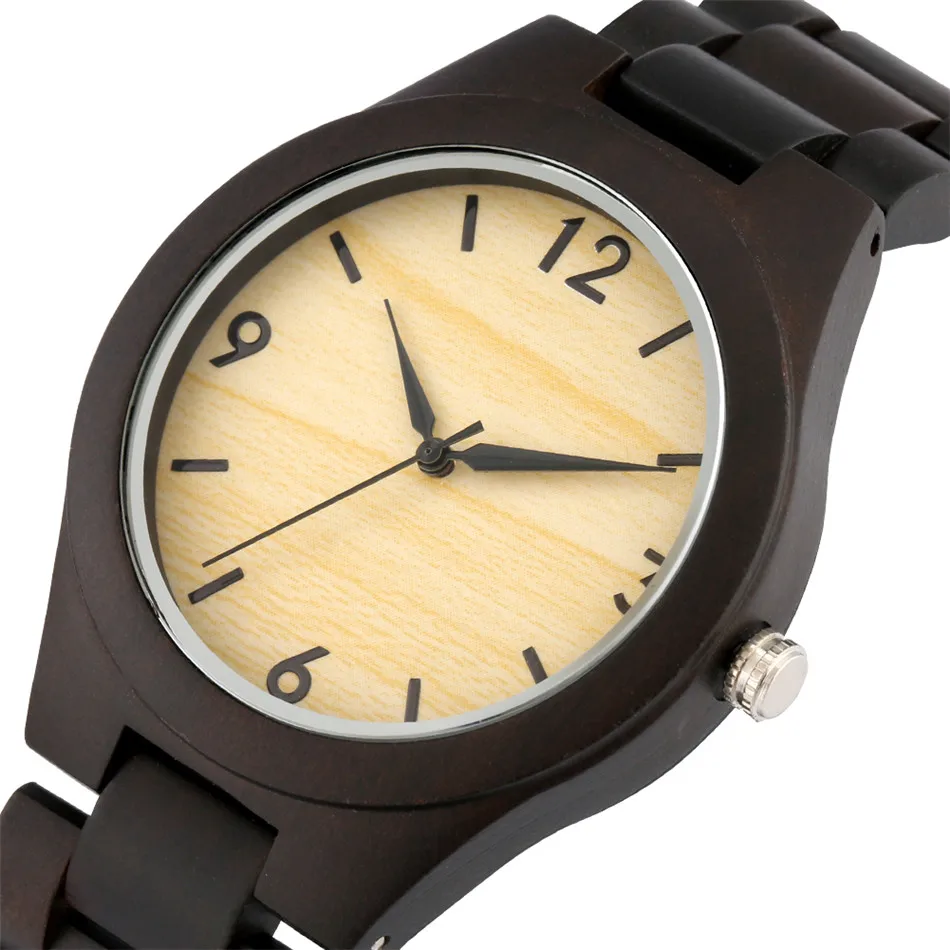 

Arabic Numerals Dial Ebony Wood Men Watch Quartz Wooden Bangle Wristwatch Folding Clasp Natural Stylish Male Casual Timepiece