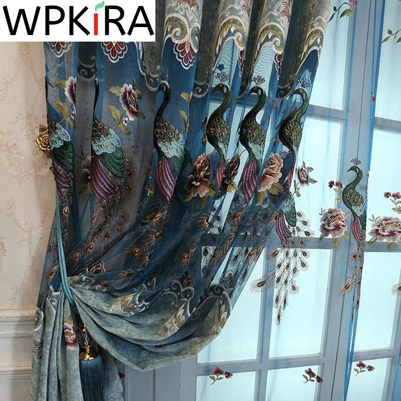 

Hollow Peacocks Embroidery Semi-Blackout Curtains For Living Room Bedroom European Luxury Blue Chenille Window Drapes M043F