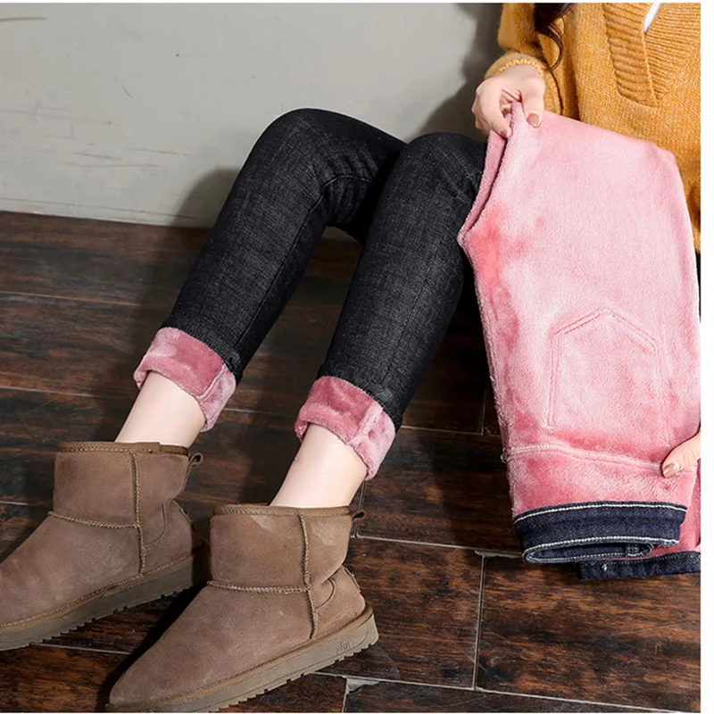 Новые зимние плотные флисовые джинсы для женщин облегающие бархатные теплые