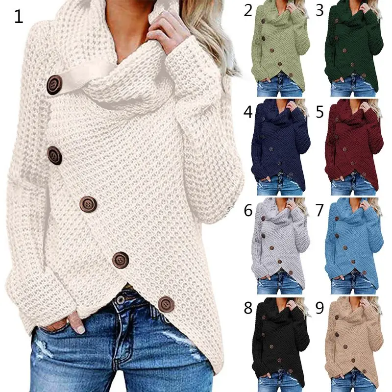 

Women Winter Autumn Long Sleeve Pullover Tops Turtleneck Oblique Buttons Knitted Sweater Casual Irregular Hem Loose Tops
