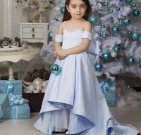 long satin flower girls dress light blue sexy off the shoulder sweetheart a line bow knot formal kids birthday party vestidos