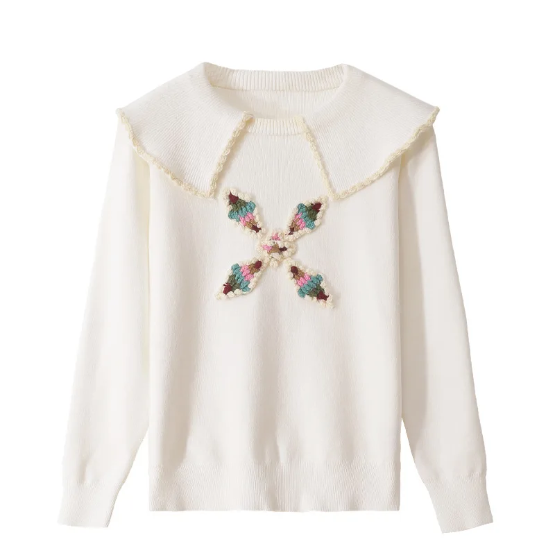 

Autumn Lady Jumper Doll Collar Pullover Long Sleeve Cute Sweet Loose Knit Cotton Pink Pullover Women Sweater Flowers Embroidery
