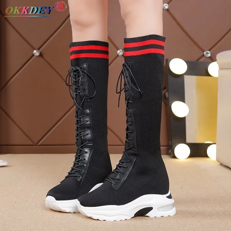

Winter Women's Knee-length High Boots Wedge High Heels 8CM Thick-soled Lace-up Boots 2021 Autumn Women's New Mesh Botas De Mujer