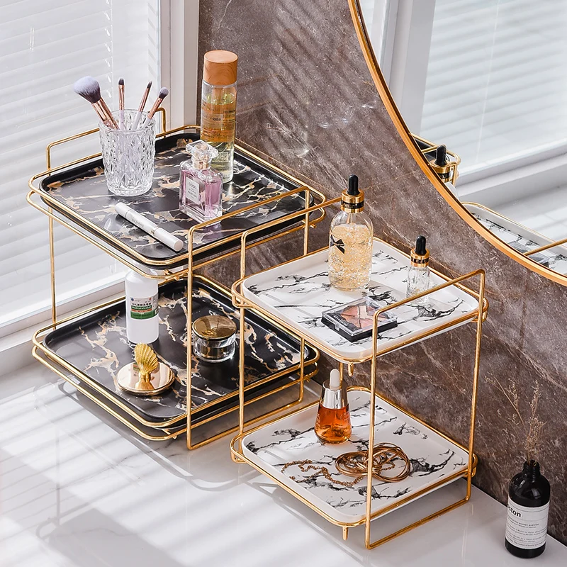 

Nordic Metal Frame Ceramic Marble Surface Storage Rack Toilet Bathroom Toiletries Rack Dressing Table Cosmetics Rack Decoration