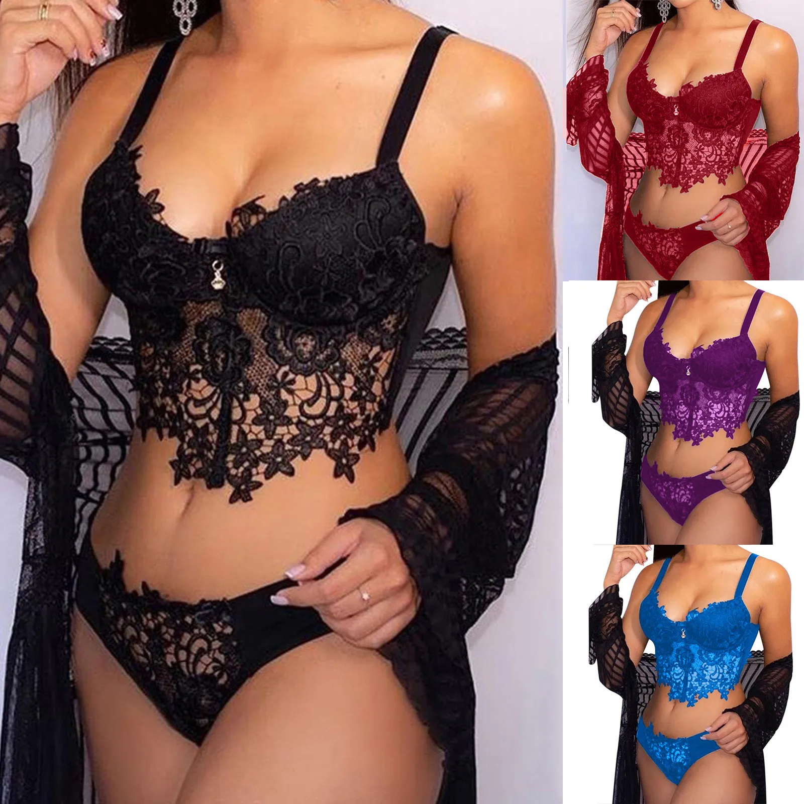 

Women Sexy Lingerie Suits Embroidery Lace Collar Wireless Underwear Set Bra Thong Lingeries Sets Female Comfortable Sleepwear