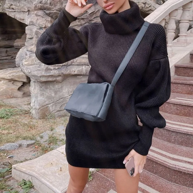 

New Turtleneck Long Sleeve Sweater Dress Women Autumn Winter Loose Tunic Knitted Casual Pink Gray Clothes Solid Dresses