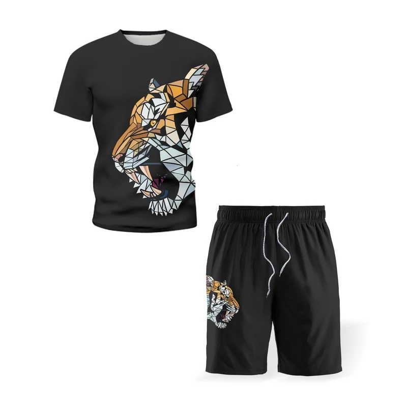 

Casual men's sportswear 3D printing tiger summer men's suit workout suit sports suit short-sleeved T-shirt + shorts 2-piece set