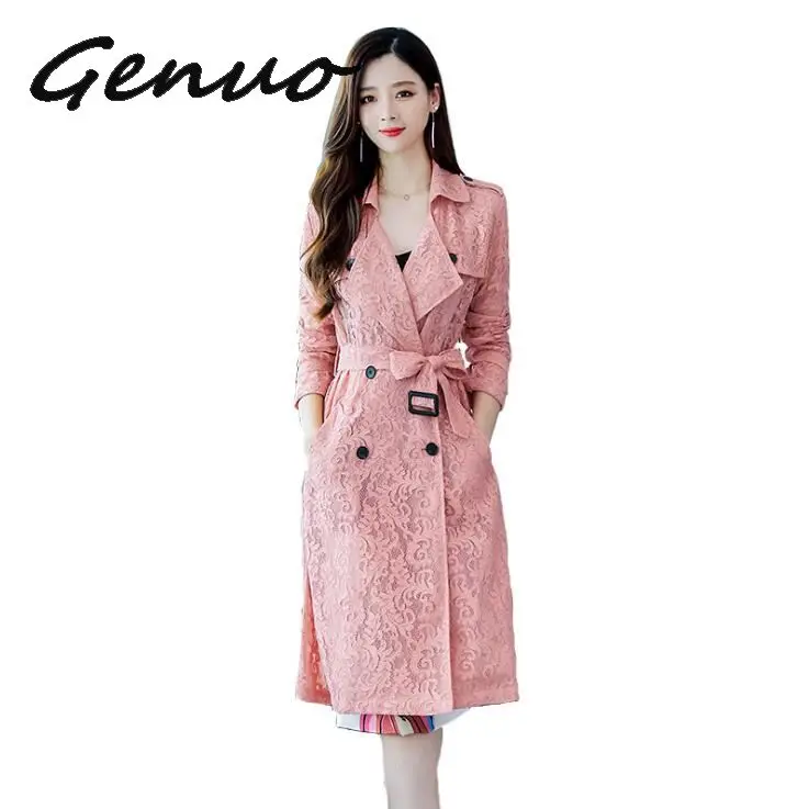 

Женская блузка-Тренч Genuo, длинный тонкий плащ-ветровка выше колена с кружевом, весна-осень 2019