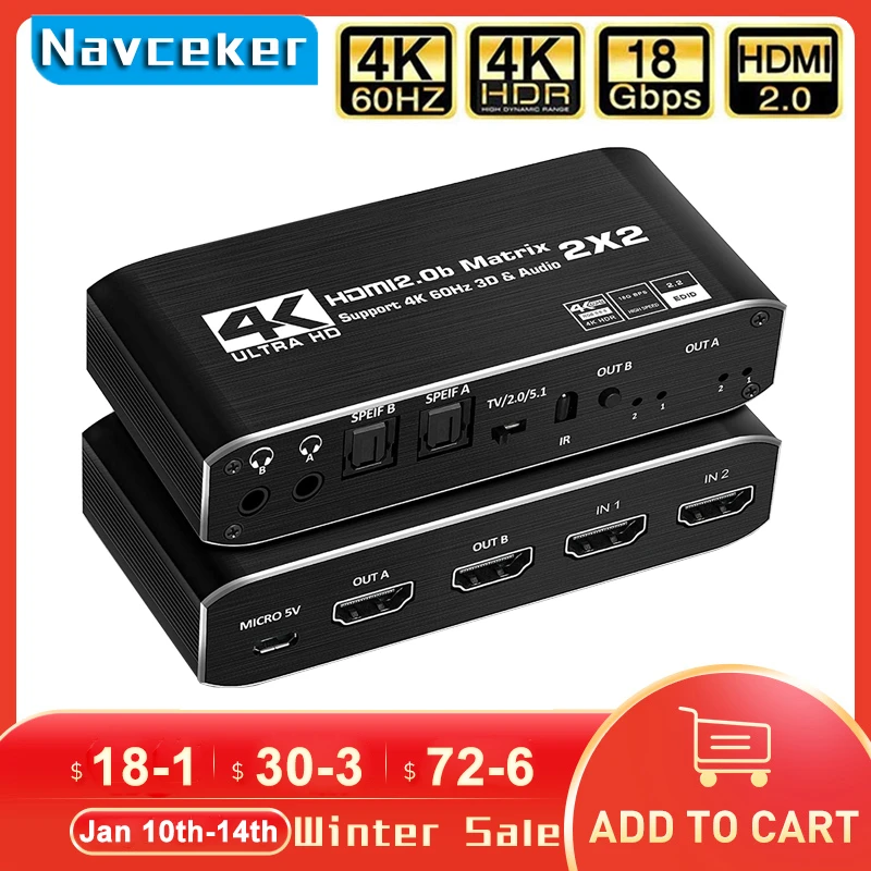 Матричный сплиттер 2021 2x2 с SPDIF и L/R 3 5 мм HDR HDMI-совместимый коммутатор 4x2 Поддержка