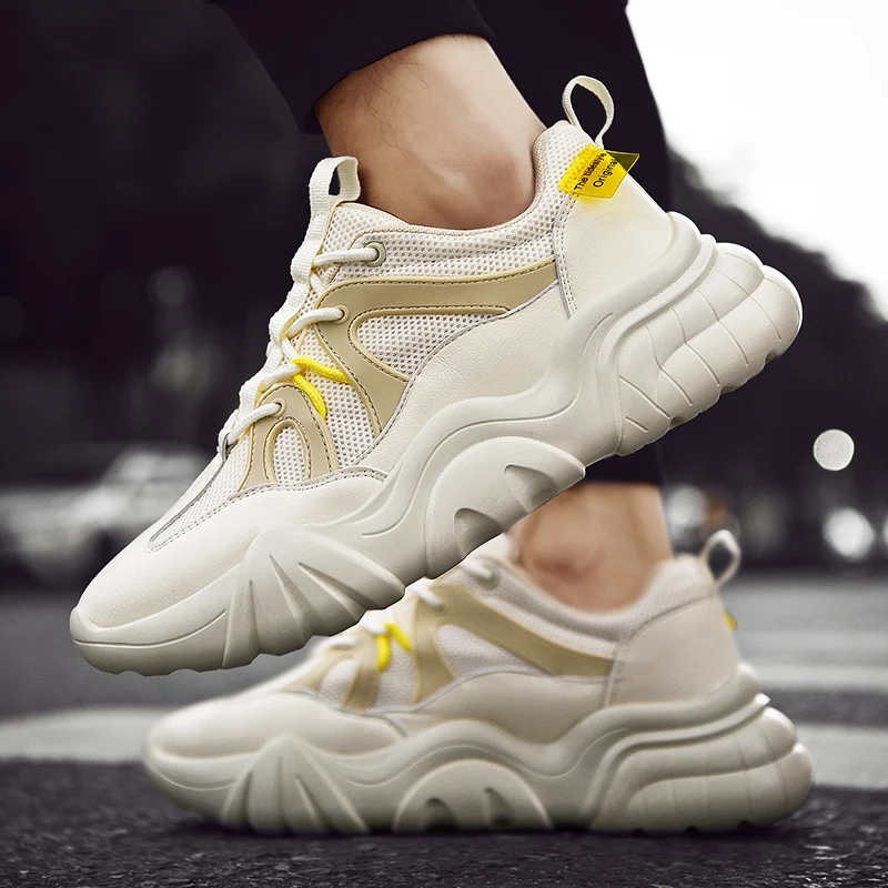 Newest Male shoes White chunky Sneakers Lace up New Casual Shoes Comfortable Breathable Fashion Mesh Ultralight Walking Footwear | Обувь