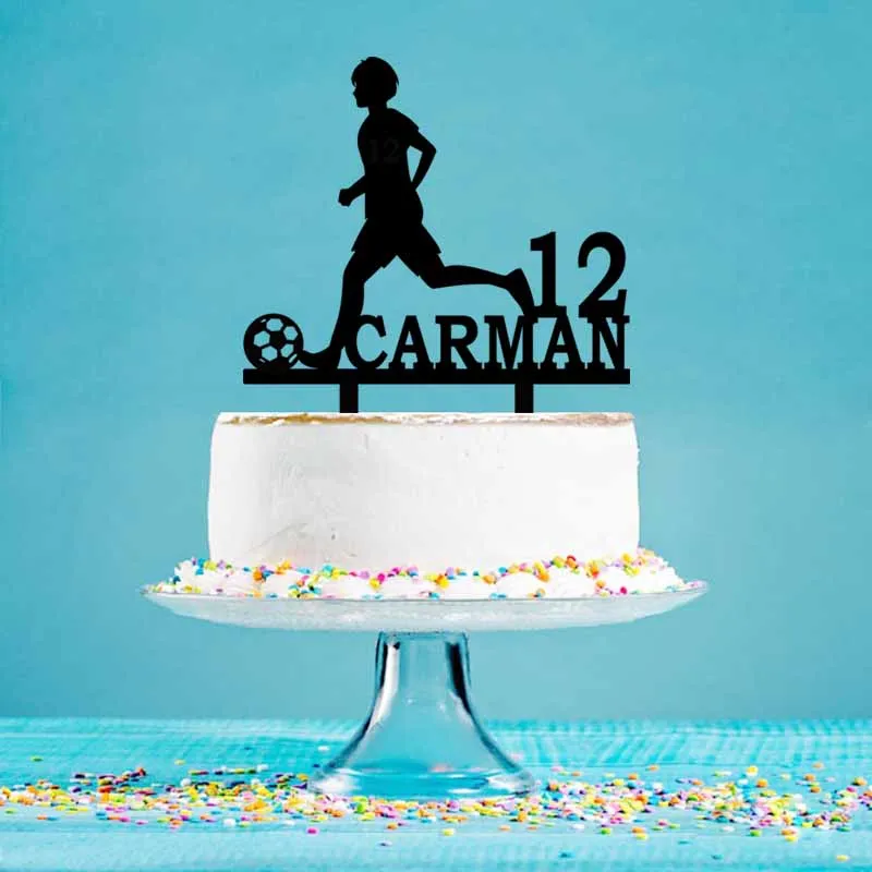 

Пользовательское имя, фигурки футбольных силуэтов, Топпер для празднования дня рождения для мальчиков, украшение для торта, Топпер YC157