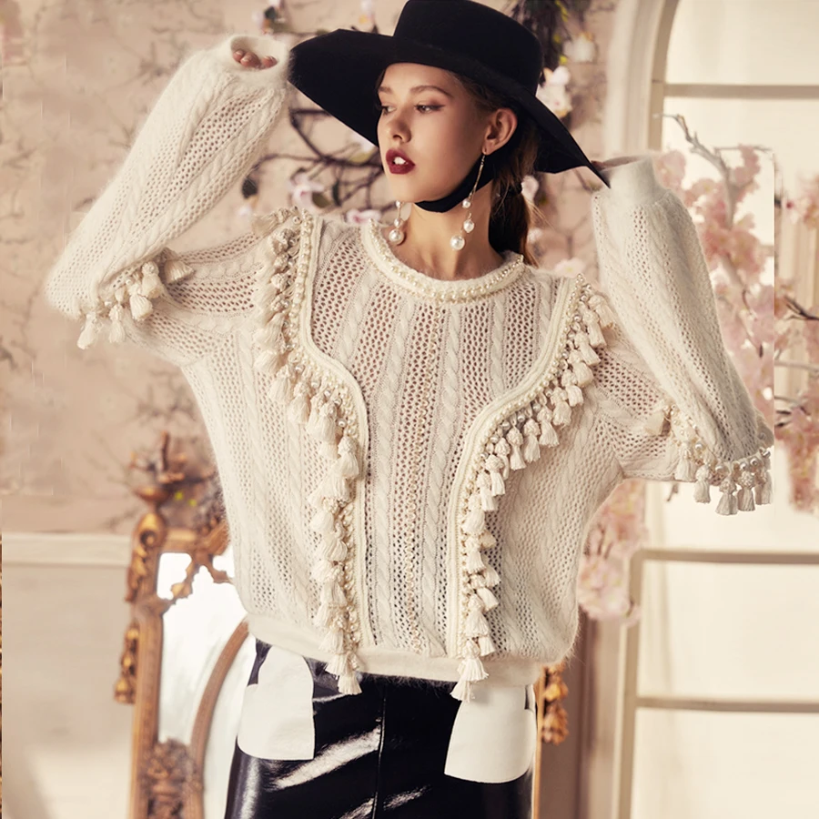 TEELYNN boho пуловер для женщин с жемчужными заклепками инкрустация бахрома 2019 осень