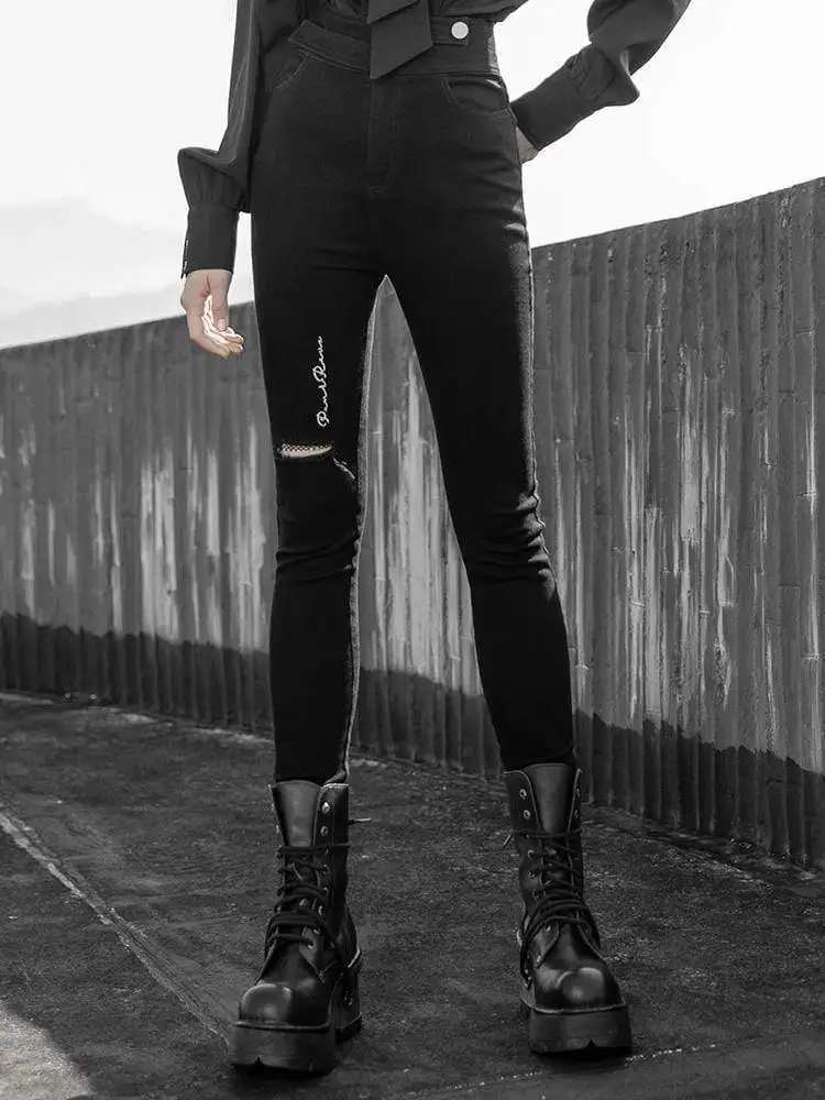 Панк рейв женские гранж Высокая талия потертые обтягивающие джинсы PK 346