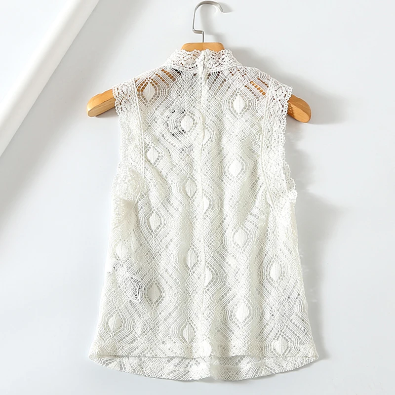 Повседневная Офисная Женская белая блузка кружевной топ без рукавов с круглым