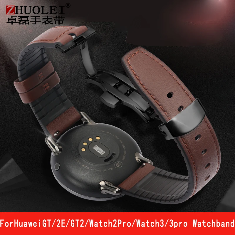 

Кожаный и водонепроницаемый силиконовый ремешок для Huawei Watch GT2/GT/Watch 3/3pro Honor, мужской браслет, ремешок для часов, аксессуар, 22 мм, быстросъемны...