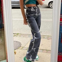 spring fashion street style jeans new high waist tie dye hit color straight casual womens denim trousers