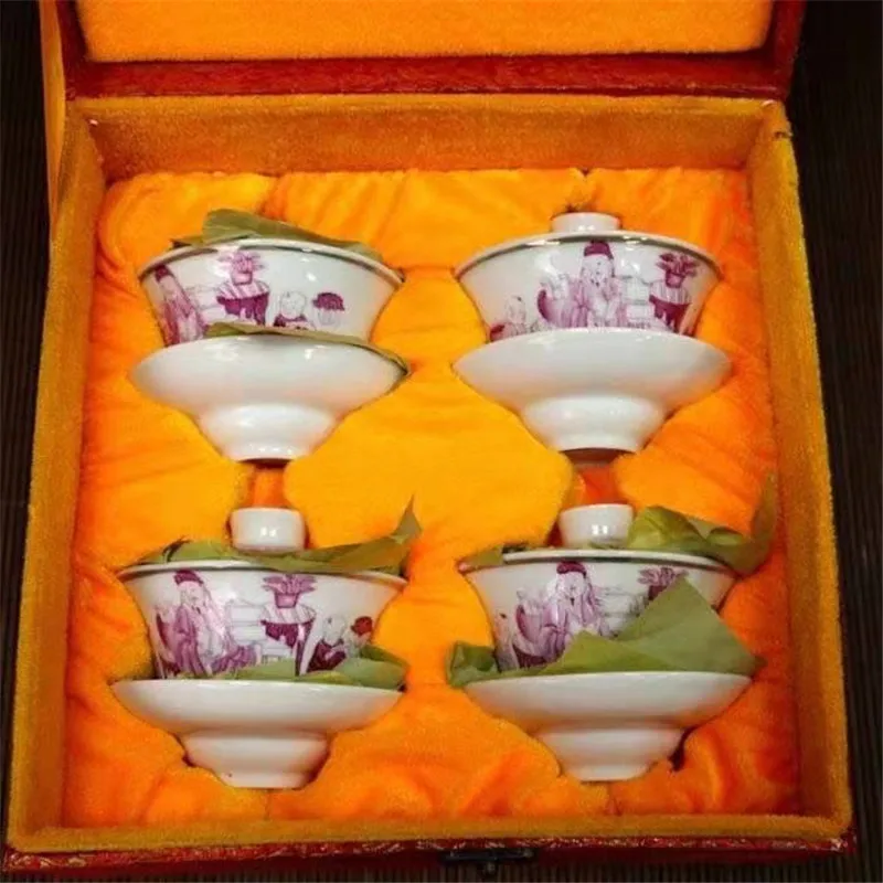 A Set 4pcs Jingdezhen Ceramic Tea Bowl Porcelain Cup Gold Rouge Red Glaze Figure Pattern Cover Home Decoration Gift | Дом и сад