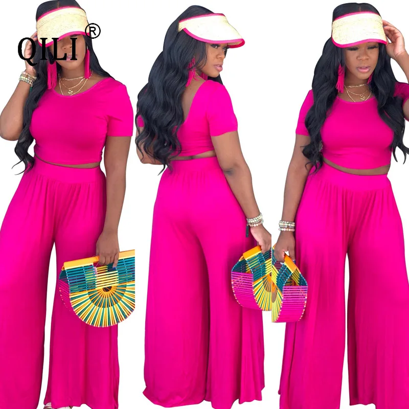 

QILI Women Wide Leg Two Piece Set Outfits Short Sleeve O-Neck Top+Pants 2 Piece Casual Summer Clothes Plus Size