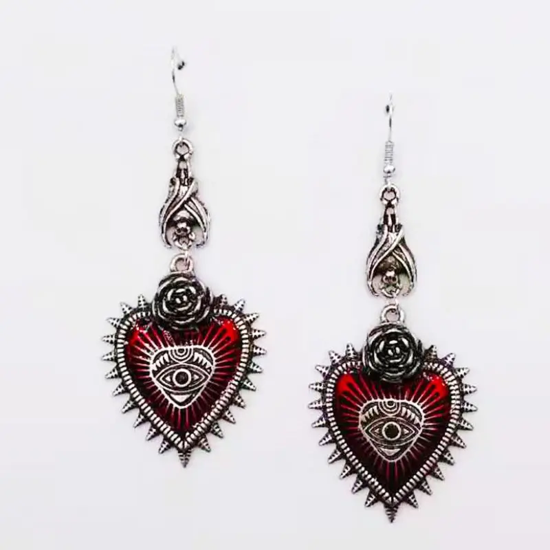 

Punk Rock Bat Vintage Silver Lolita Gothic Evil Eye Red Heart Drop Earrings for Women Halloween Cosplay Jewelry