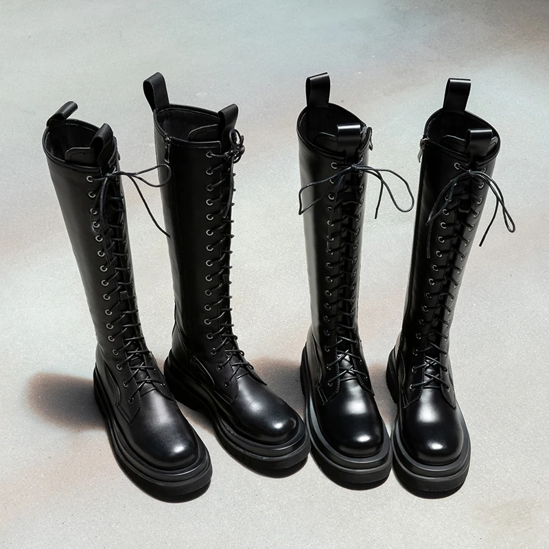 

Prova Perfetto Fashion Women Motorcycle Boots Genuine Leather Zipper Round Toe Platform Boots All-match Black Knee Botas Mujer
