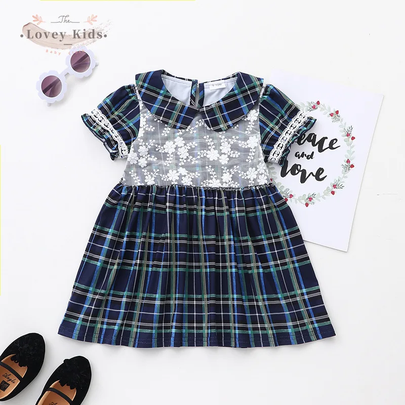 

2021 Summer Baby Girl Dress Peter Pan Collar Short Sleeve Plaid Sweet Lace Patchwork A-line Princess Preppy Style Clothes