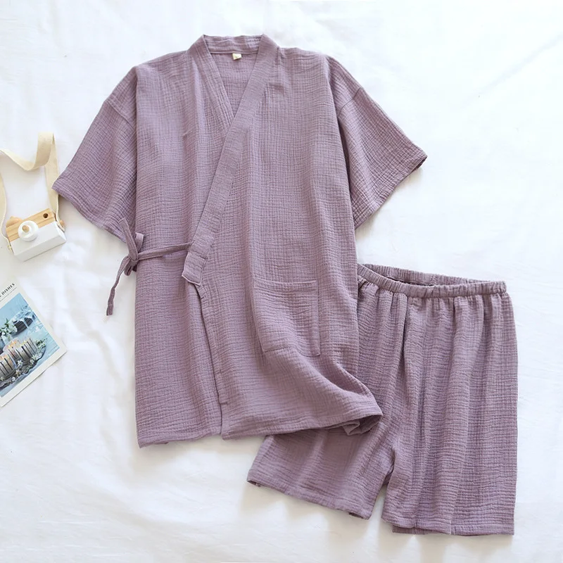 Couple Pajamas Set Cotton Crepe Kimono Short Sleeved Sleepwear with Shorts Men /women Summer Thin Solid Color Loose Home Wear
