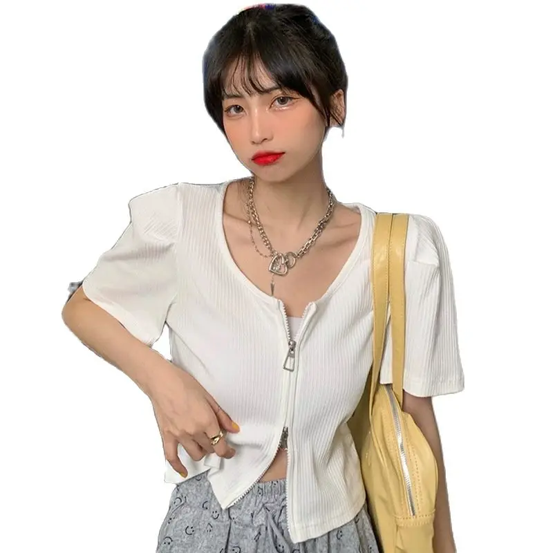 

Блузка женская с круглым вырезом, модный вязаный кардиган на молнии, однотонный, с коротким рукавом, на лето, тонкая популярность Tenafeicc