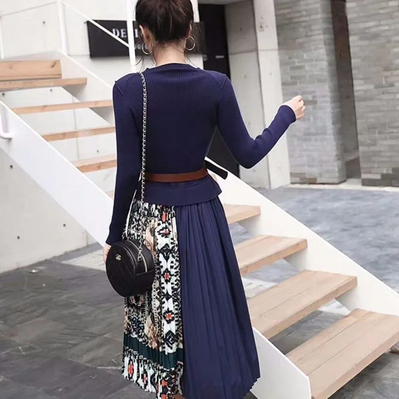 Весна корейский стиль лоскутные принт вязаное модное платье с имитацией двух